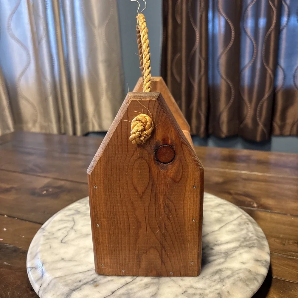 Vtg Hand Painted Folk Art Hand Crafted Wooden Caddy Rope Handle Cottage Core
